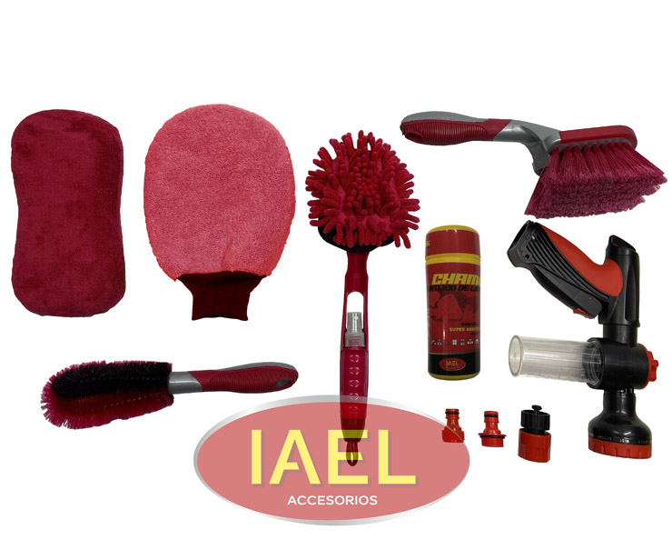 KIT LIMPIEZA X8 NEGRO-ROJO CAJA-PISTOLA-GUANTE-ESPONJA-CHAMOIS-3 CEPIL - 2