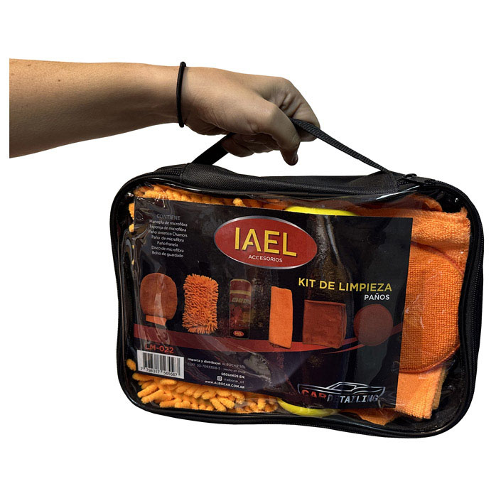 KIT LIMPIEZA X7 NARANJA BOLSO-MICROFIBRAS-GUANTE-ESPONJA-CHAMOIS-DISCO