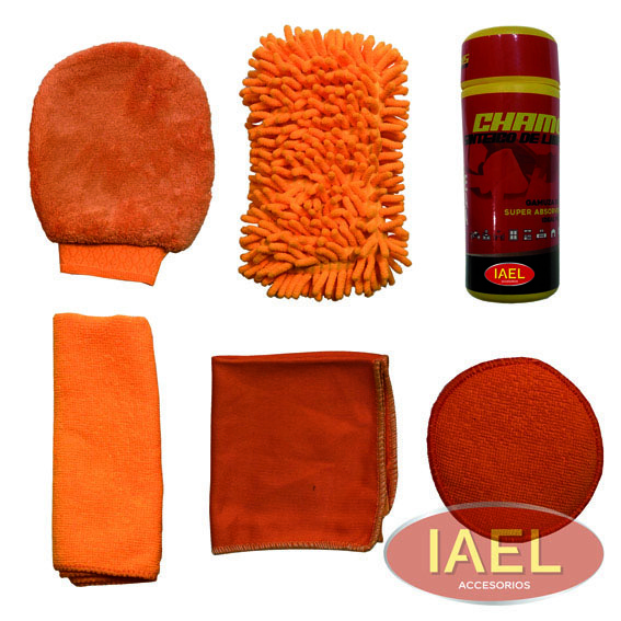 KIT LIMPIEZA X7 NARANJA BOLSO-MICROFIBRAS-GUANTE-ESPONJA-CHAMOIS-DISCO - 2