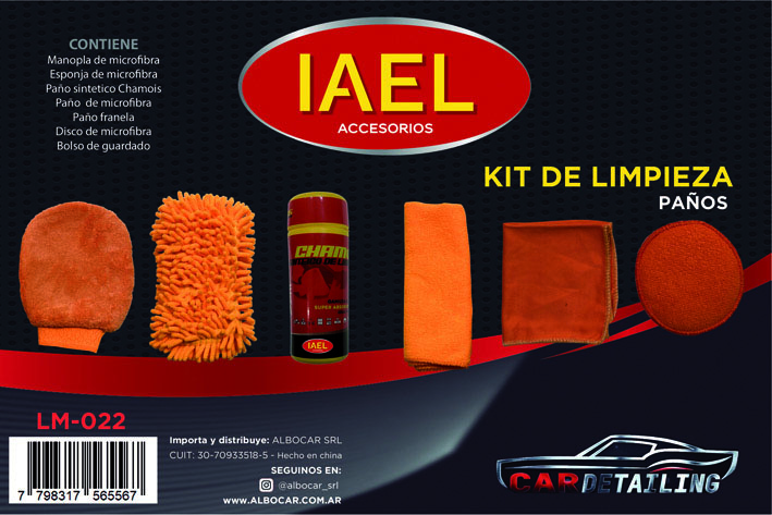 KIT LIMPIEZA X7 NARANJA BOLSO-MICROFIBRAS-GUANTE-ESPONJA-CHAMOIS-DISCO - 3