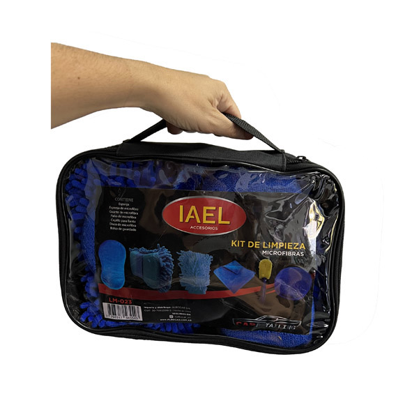 KIT LIMPIEZA X7 AZUL BOLSO-CEPILLO, MICROFIBRA, ESPONJAS-GUANTE-DISCO