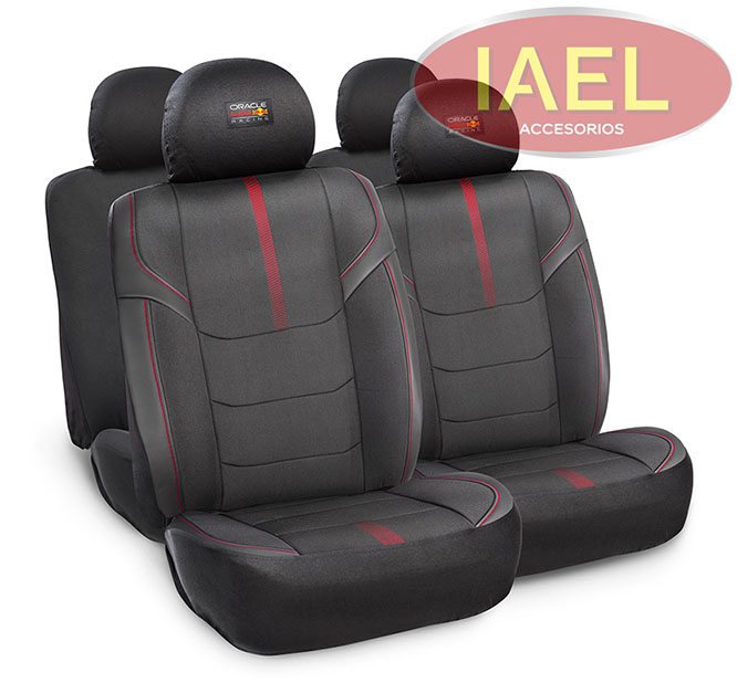 JGO. FUNDA PRO COMPLETA TELA Y CUERO ECO 10PCS NEGRA CON DETALLE ROJO - ORACLE RED BULL RACING