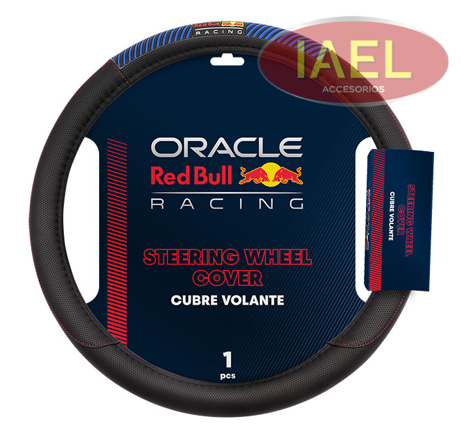 CUBRE VOLANTE 38CM NEGRO CON APLIQUE GOMA LINEAS Y COSTURA BLANCA - ORACLE RED BULL RACING