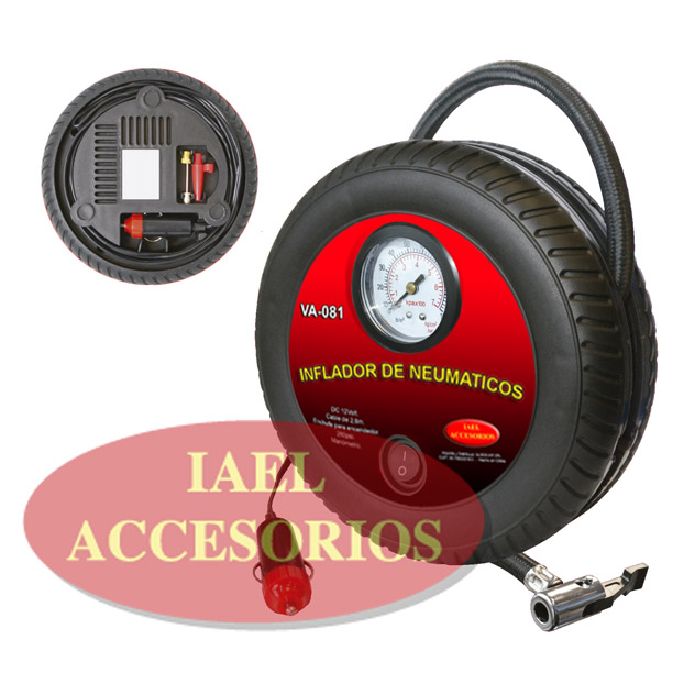 COMPRESOR, 12V. FORMATO RUEDA C/MANOMETRO Y ACCESORIOS 260PSI MAX