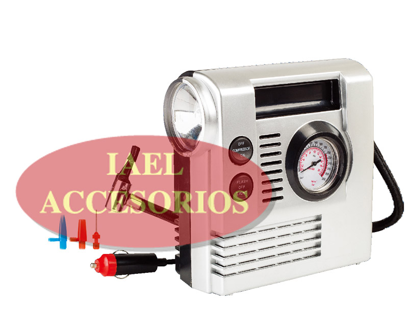 COMPRESOR, 12V. C/LUZ 2 FUNCIONES, MANOMETRO Y ACCESORIOS