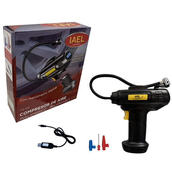COMPRESOR DE AIRE INALAMBRICO, RECARGABLE USB, CON DISPLAY Y CORTE